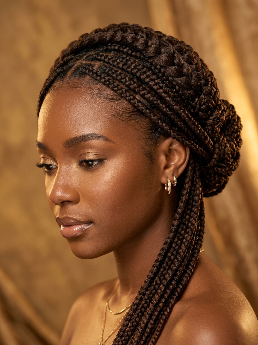 Neat knotless braids styled in warm studio light