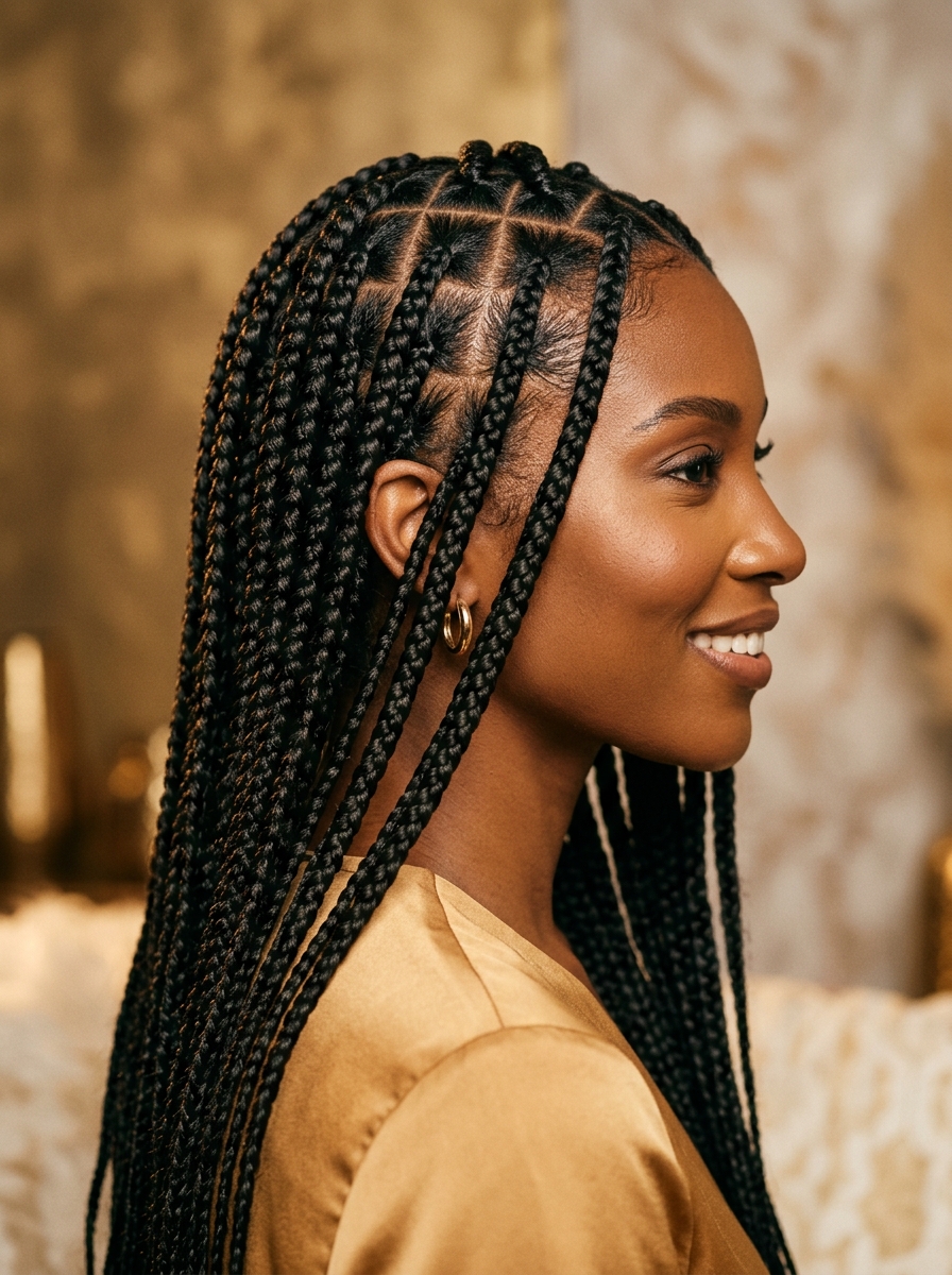 Neat knotless box braids styled in a professional braiding studio