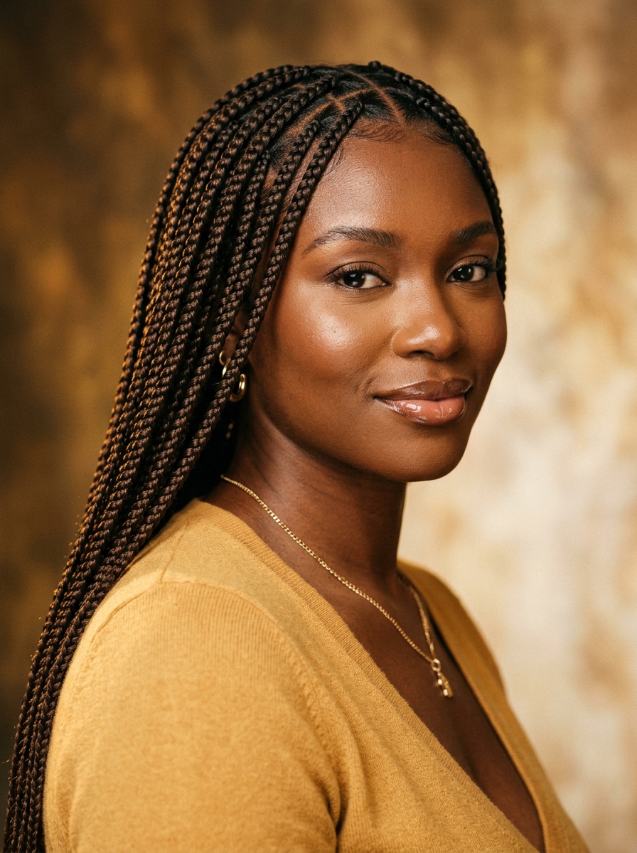 Neatly styled knotless braids on a smiling client