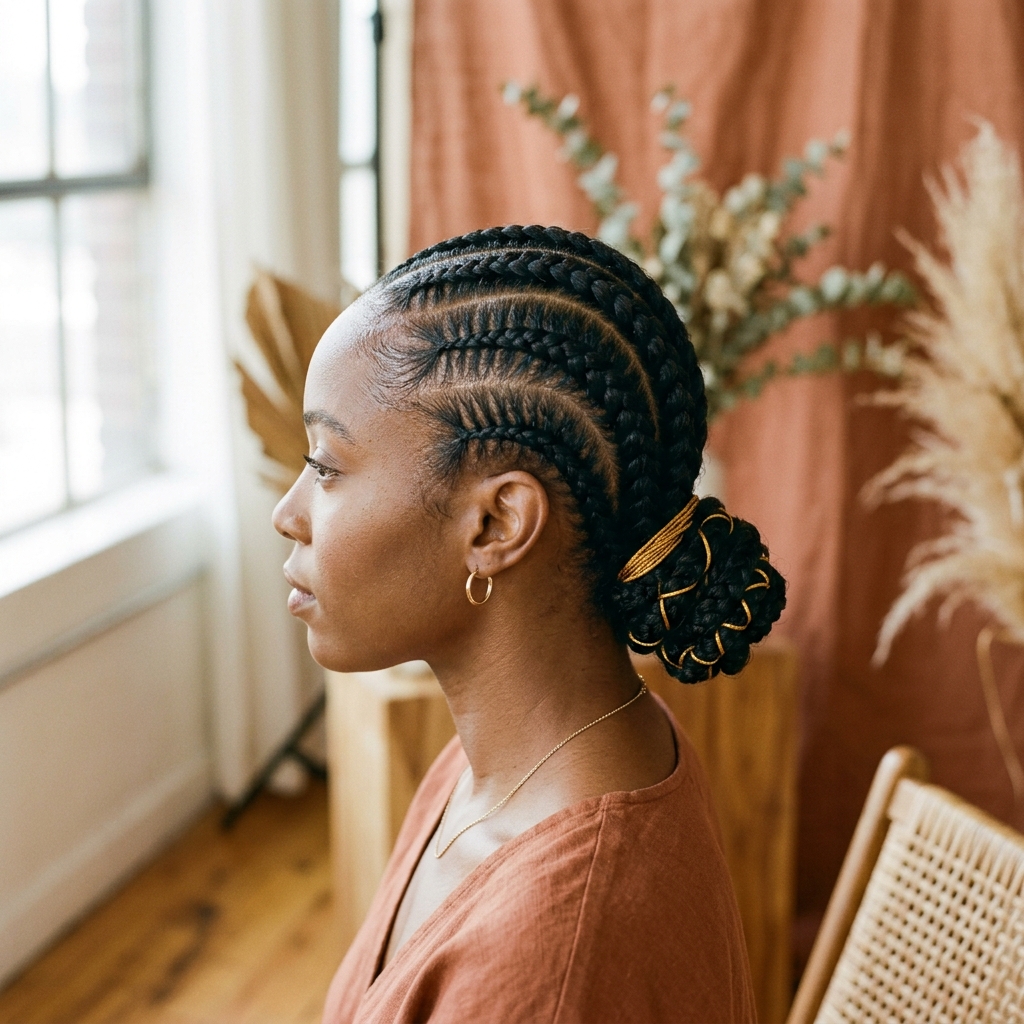 Feed-in cornrows styled into a bun
