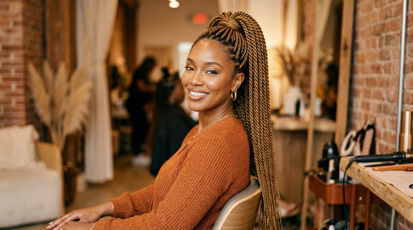 Long Senegalese twists in a ponytail