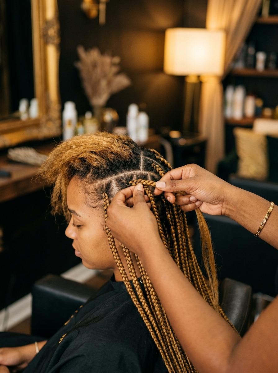 A braider carefully refreshing a client's braids